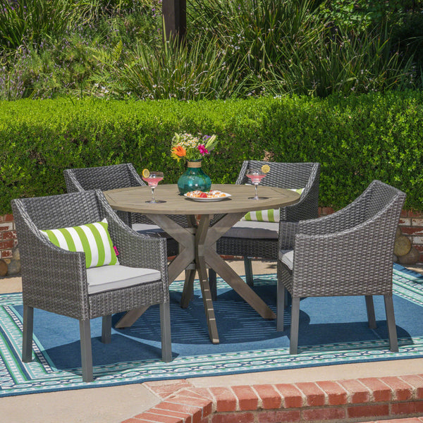Outdoor 5 Piece Wood and Wicker Dining Set, Gray and Gray - NH401503