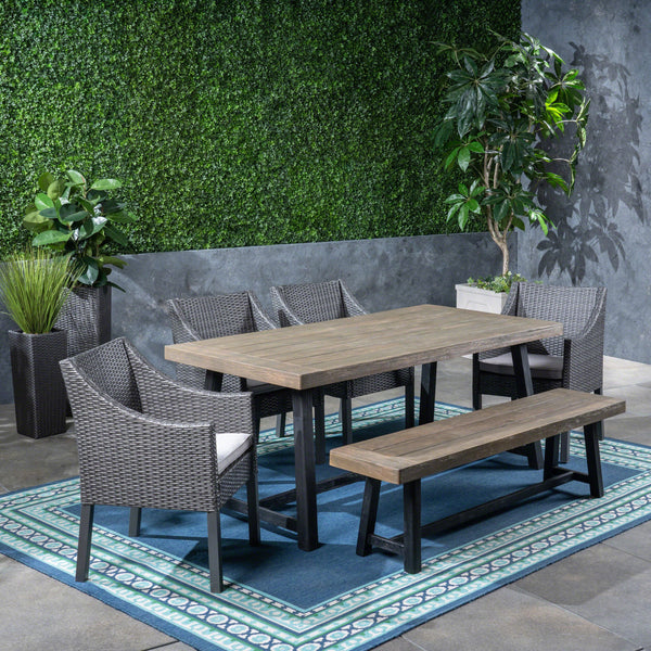 Outdoor 6 Piece Dining Set with Wicker Chairs and Bench - NH642603