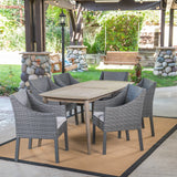 Outdoor 7 Piece Wood and Wicker Dining Set, Gray and Gray - NH271503