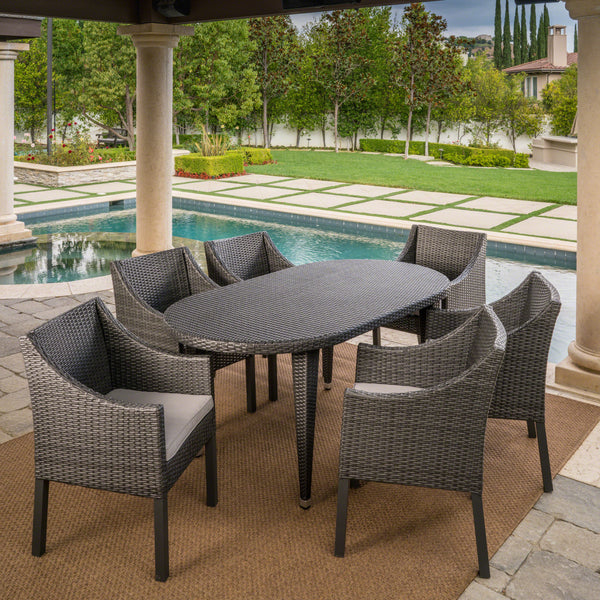 Outdoor 7 Piece Wicker Oval Dining Set with Water Resistant Cushions - NH936203