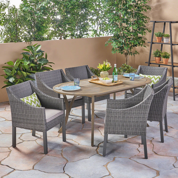 Outdoor 7 Piece Wood and Wicker Dining Set, Gray Finish and Gray - NH372503