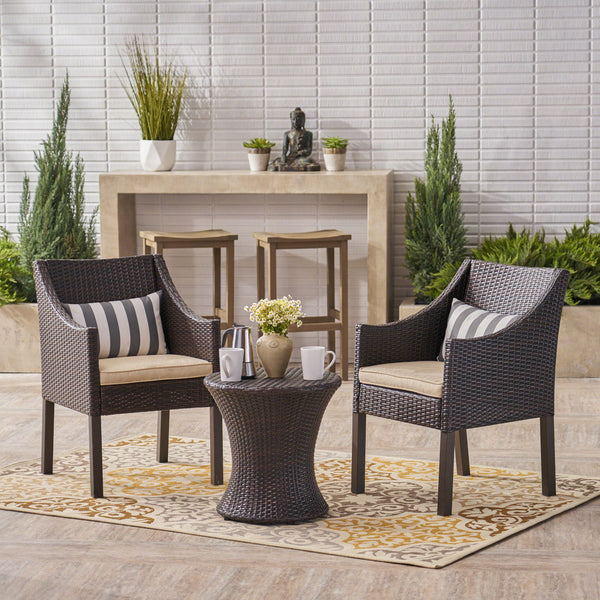Outdoor 3 Piece Wicker Chat Set, Multibrown with Beige Cushions - NH547403