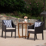 Outdoor 3 Piece Acacia Wood/ Wicker Bistro Set with Cushions, Teak Finish and Multibrown with Beige - NH303403