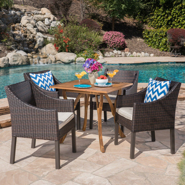 Outdoor 5 Piece Acacia Wood/ Wicker Dining Set with Cushions, Teak Finish and Multibrown with Beige - NH903403