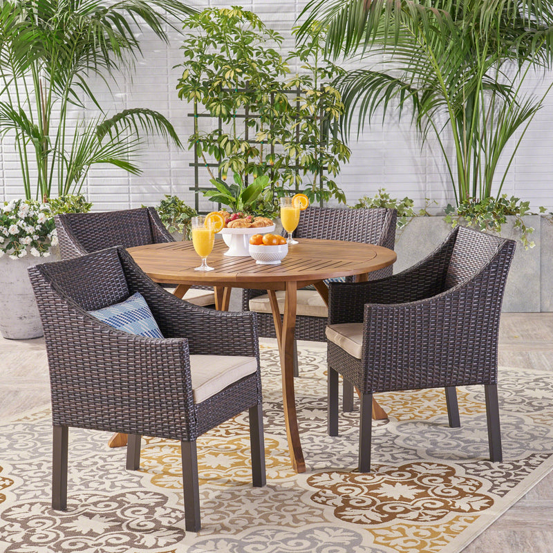 Outdoor 5 Piece Acacia Wood and Wicker Dining Set, Teak with Multi Brown Chairs - NH610503