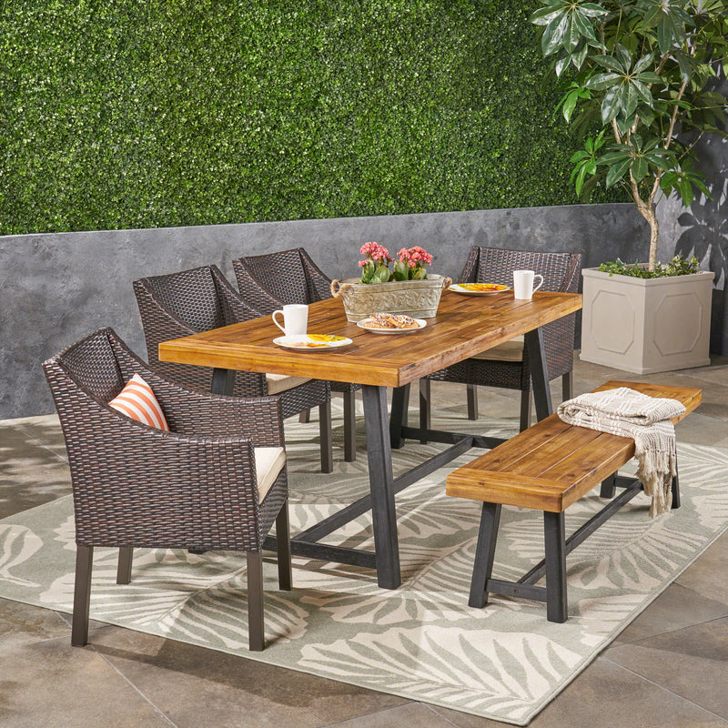 Outdoor 6 Piece Dining Set with Wicker Chairs and Bench, Sandblast Teak and Multi Brown and Beige - NH742603