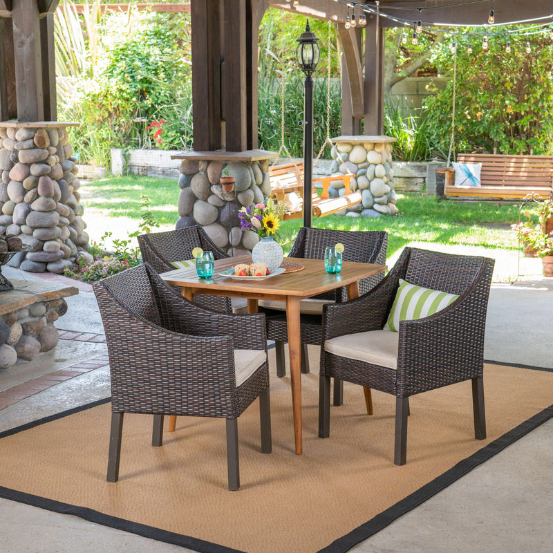 Outdoor 5 Piece Wood and Wicker Dining Set, Teak and Multi Brown - NH611503