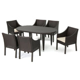 Outdoor 7 Piece Wicker Oval Dining Set with Water Resistant Cushions - NH936203