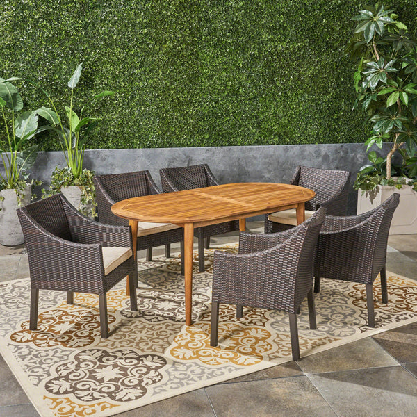 Outdoor 7-Piece Acacia Wood Dining Set with Wicker Chairs - NH170603