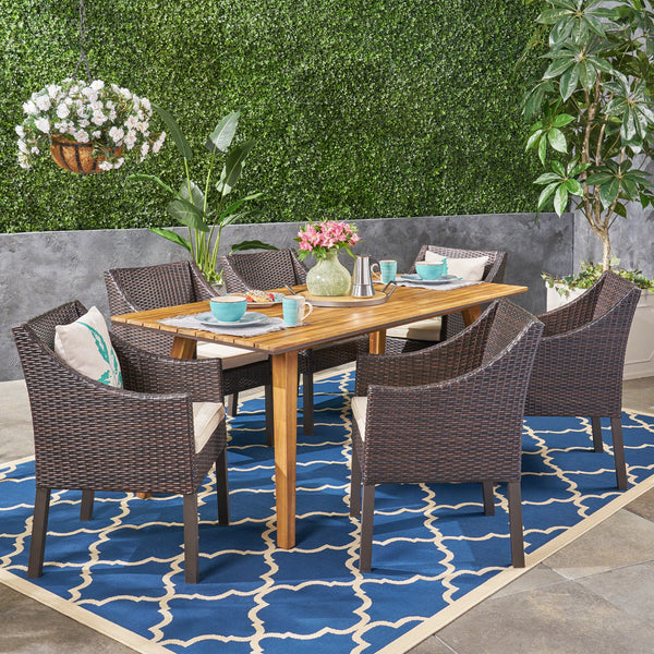 Outdoor 7 Piece Acacia Wood Dining Set with Wicker Chairs, Teak and Multi Brown and Beige - NH752603