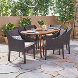 Outdoor 7 Piece Acacia Wood and Wicker Dining Set, Teak with Multi Brown Chairs - NH820503