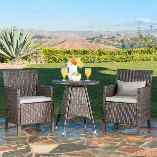 Outdoor 3 Piece Multibrown Wicker Round Dining Set with Light Brown Water Resistant Cushions - NH843203