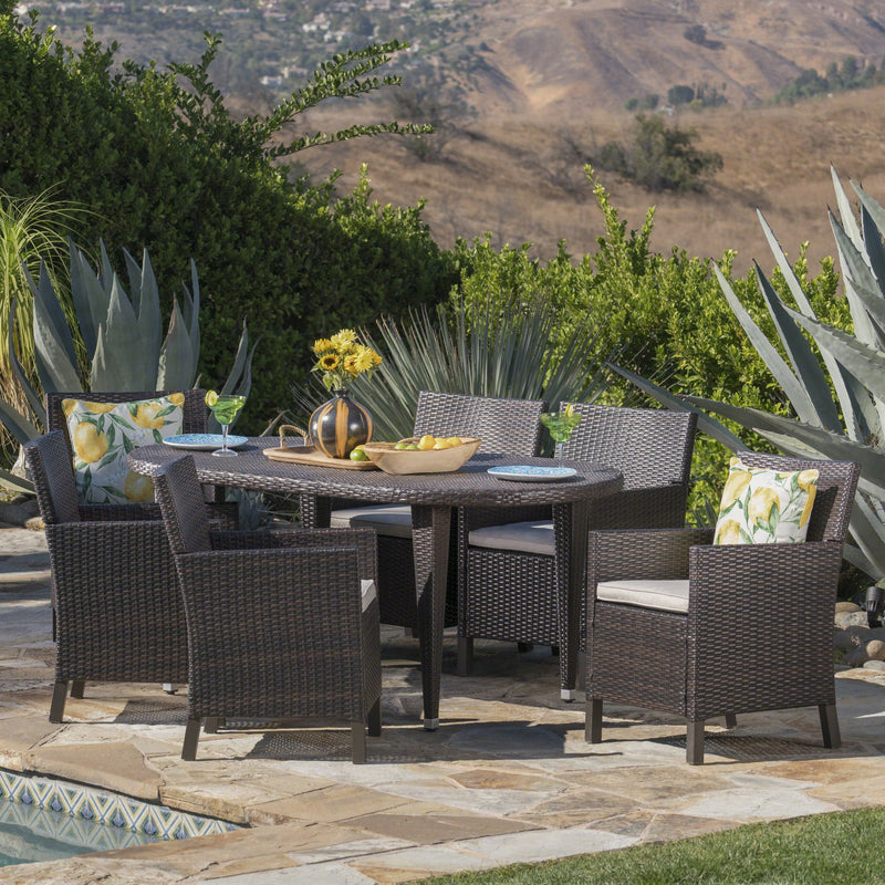 Outdoor 7 Piece Wicker Oval Dining Set with Water Resistant Cushions - NH756203