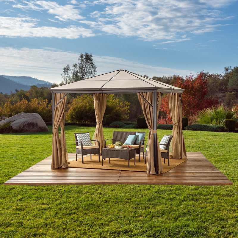 Outdoor 10 x 10 Foot Rust Proof Aluminum Framed Hardtop Gazebo with Curtains - NH873303