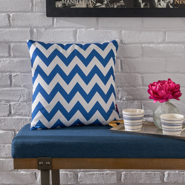 Indoor Blue and White Zig Zag Striped Water Resistant Square Throw Pillow - NH638203