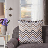 Indoor Grey, Blue, and Brown Zig Zag Striped Water Resistant Square Throw Pillow - NH388203