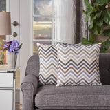 Indoor Grey, Blue, and Brown Zig Zag Striped Water Resistant Square Throw Pillow - NH388203