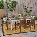 Outdoor 7-Piece Acacia Wood Dining Set, Dark Brown and White - NH240603