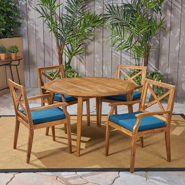 Outdoor 5 Piece Acacia Wood Dining Set with Cushions - NH362503