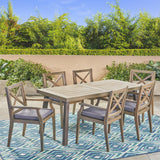 Outdoor Farmhouse Slat-Top 7 Piece Acacia Wood Dining Set with Cushions - NH877503