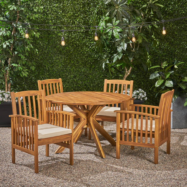 Outdoor Acacia 4-Seater Dining Set with Cushions and 47" Round Table with X-Legs - NH912703