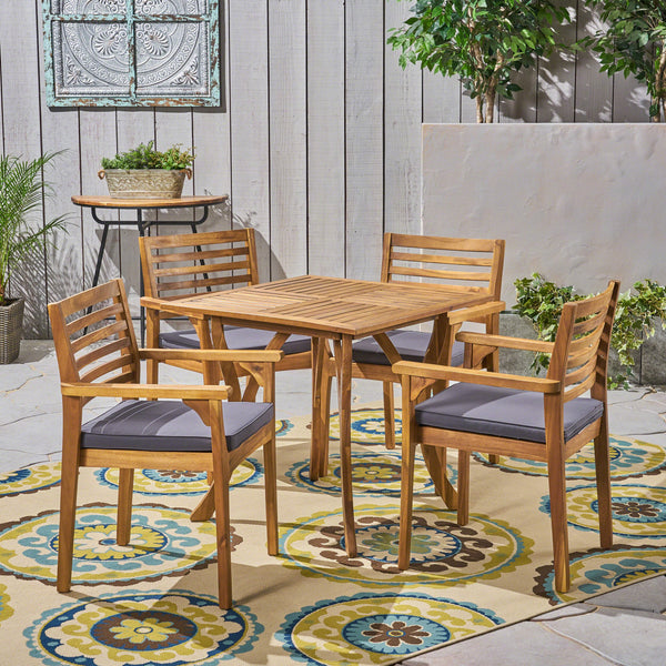 Outdoor Acacia 4-Seater Dining Set with Cushions and 32" Square Table with Carved Legs - NH932703