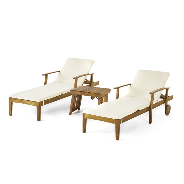 Outdoor Acacia Wood 3 Piece Chaise Lounge Set with Water-Resistant Cushions - NH947213