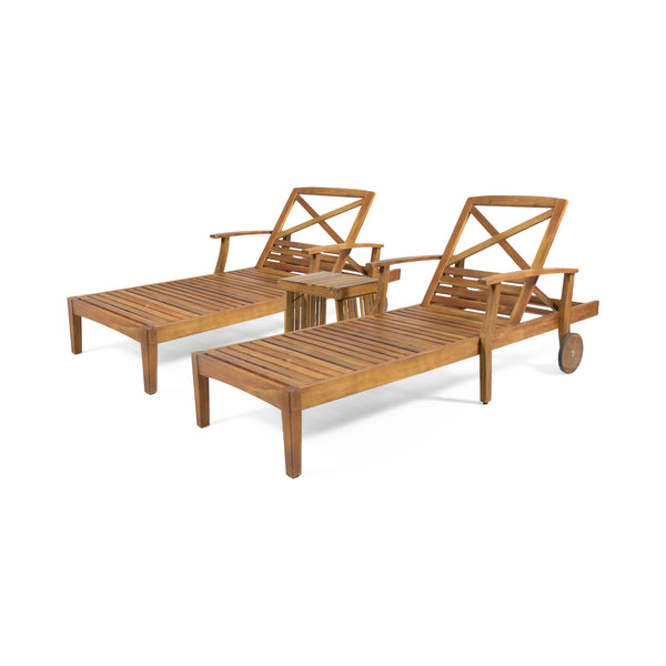 Outdoor Acacia Wood 3 Piece Chaise Lounge Set - NH747213