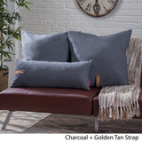Contemporary Square and Rectangular Fabric Pillow Set with Faux Leather Strap - NH473903