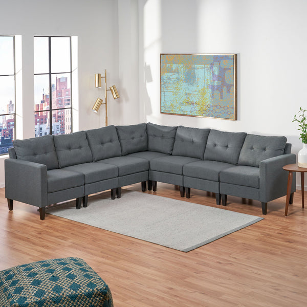 Mid Century Modern 7 Piece Fabric Extended Sectional Sofa - NH906303