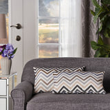 Indoor Grey, Blue, and Brown Zig Zag Striped Water Resistant Rectangular Throw Pillow - NH798203