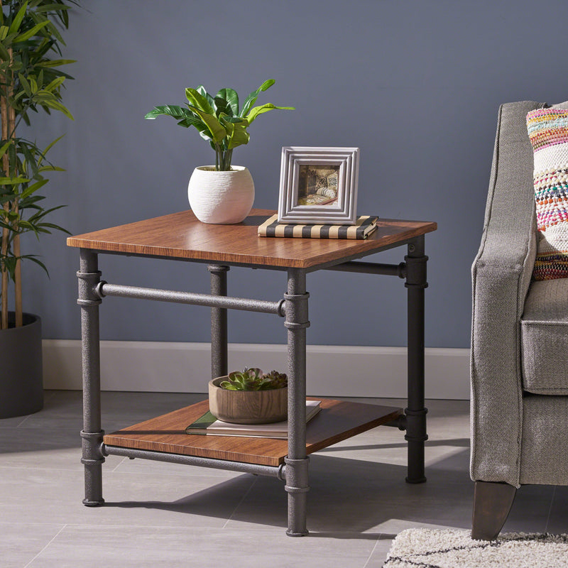 Industrial Faux Wood End Table, Teak Finish - NH942503