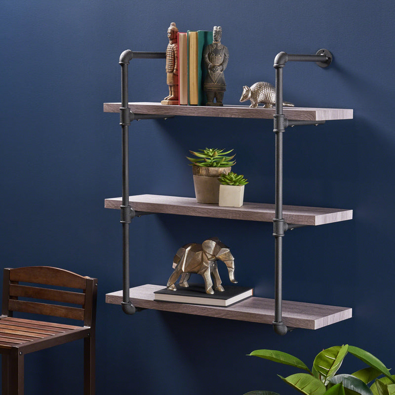 Industrial Pipe Design 3-Tier Wall Mount Floating Shelf - NH023503