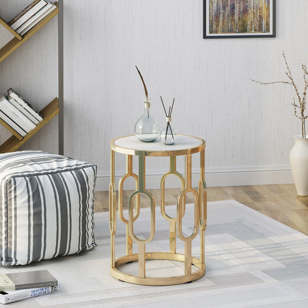 Glam 16 Inch White Finish Faux Stone Side Table - NH412403