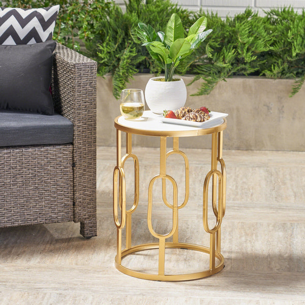 Outdoor 16 Inch White Finish Faux Stone Side Table - NH302403