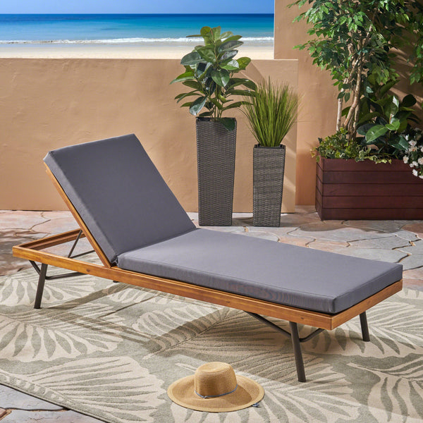 Outdoor Acacia and Eucalyptus Chaise Lounge, Teak Finish and Dark Gray - NH920603