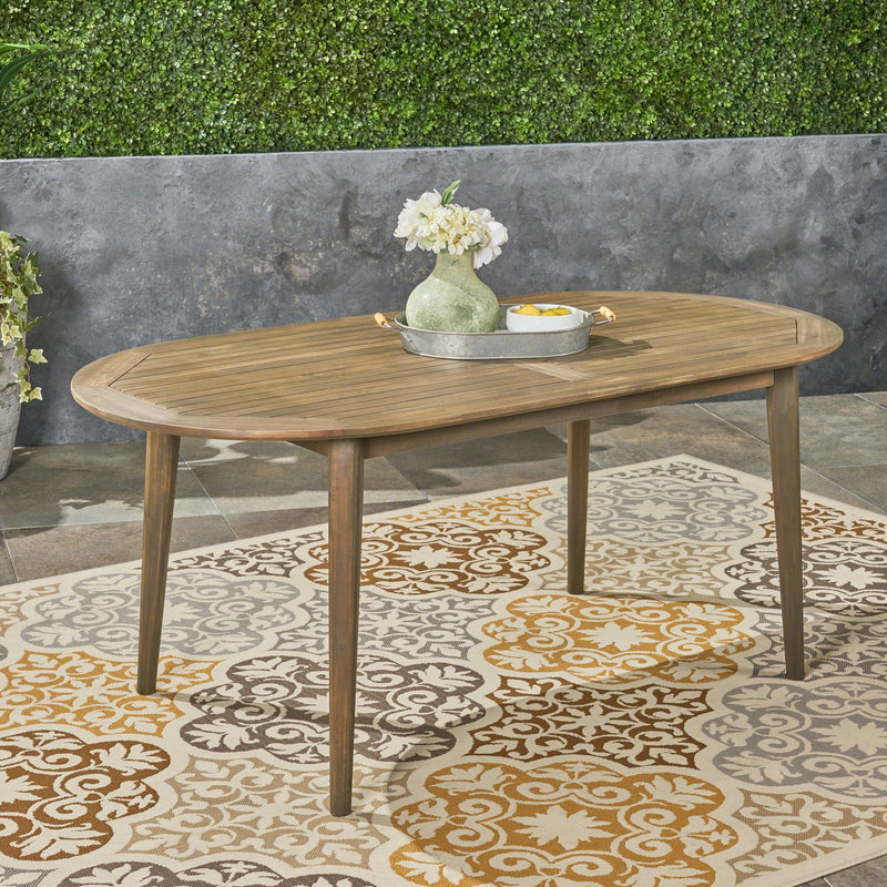Outdoor Rustic Slat-Top Acacia Wood Oval Dining Table with Tapered Legs - NH130603