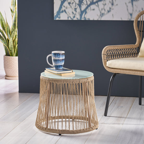 Steel Rope With Tempered Glass Boho Side Table - NH415703