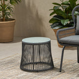 Outdoor Side Table, Steel and Rope, Tempered Glass Table Top, Boho - NH015703