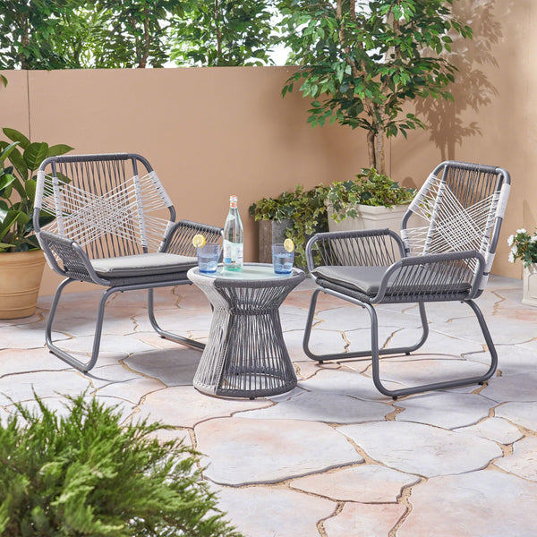 Outdoor 3 Piece Rope and Steel Chat Set, Gray Finish and White - NH932503
