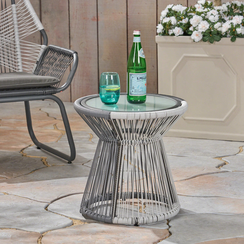 Outdoor Faux Rattan Side Table with Glass Top - NH432503