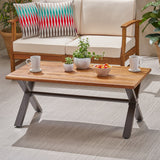 Outdoor Farmhouse Teak Acacia Wood Coffee Table with Black X-Frame Legs - NH693403
