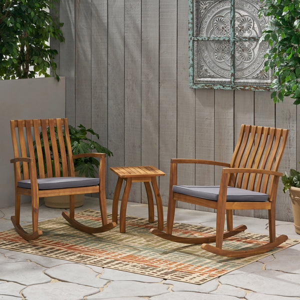 Outdoor 2 Seater Rocking Chair Set with Side Table, Teak and Dark Gray - NH015903
