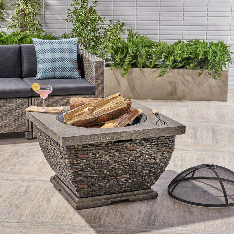 Outdoor 32-inch Wood Burning Light-Weight Concrete Square Fire Pit, Grey - NH384403