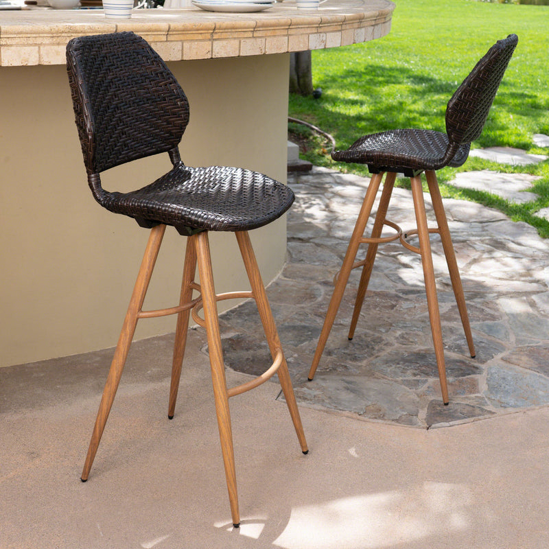 Outdoor Multi-brown Wicker Barstools with Brown Wood Finish Metal Leg - NH251403