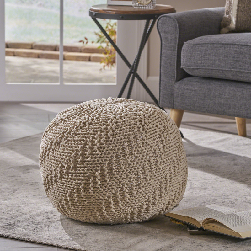 Knitted Cotton Pouf, Beige - NH876403