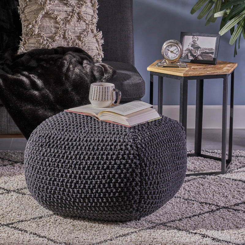 Knitted Cotton Square Pouf, Dark Grey - NH944403