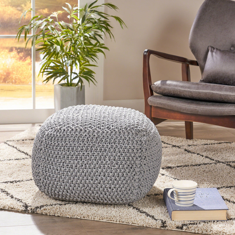 Knitted Cotton Square Pouf, Light Grey - NH097403