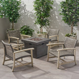 Outdoor 5 Piece Wood and Wicker Club Chairs and Fire Pit Set - NH451803