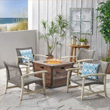 Outdoor 4 Piece Wood and Wicker Club Chair Set with Fire Pit - NH818703